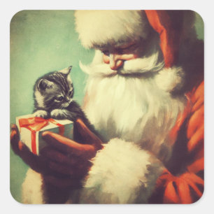 Cute Retro Santa with Kitten Illustration Square Sticker