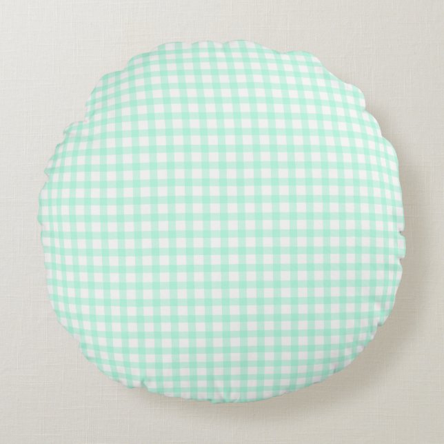 Cute Retro Sea Green Gingham Plaid pattern Round Pillow (Front)
