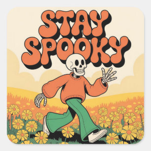 Cute Retro Skeleton Stay Spooky Halloween Square Sticker