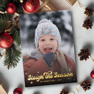 Cute Retro Sleigh The Season Photo Christmas Snow  Foil Holiday Card