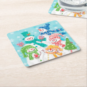 Cute Retro Snowman Christmas Square Paper Coaster
