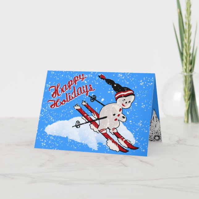 Cute Retro Snowman Skier - Happy Holidays Holiday Card (Front)