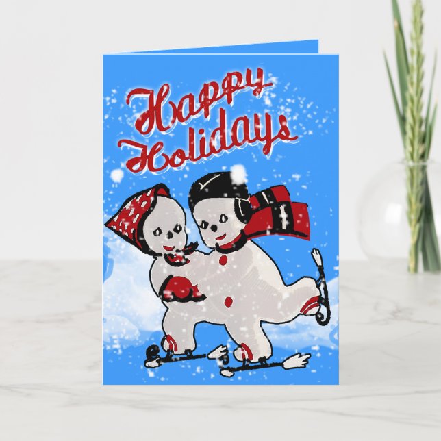 Cute Retro Snowmen Skaters - Personalized Holiday Card (Front)