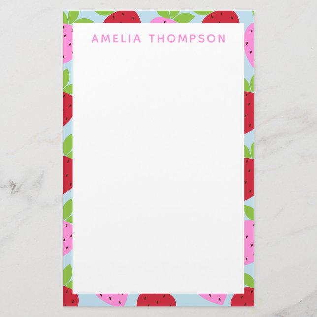 Cute Retro Strawberry Fruit Pattern Personalized Stationery (Front)