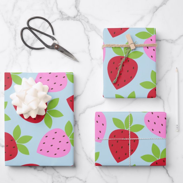 Cute Retro Strawberry Fruit Pattern Pink Red Blue Wrapping Paper Sheet (Front)