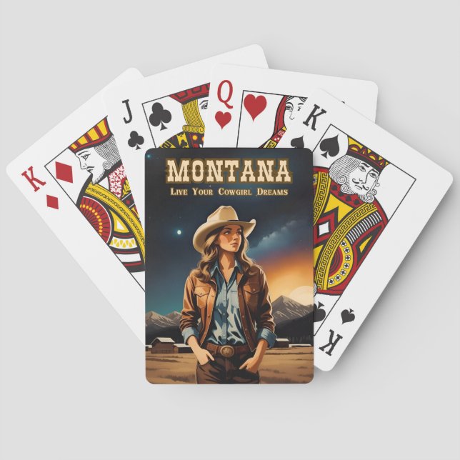 Cute Retro Style Night Sky Montana Cowgirl Playing Cards (Back)