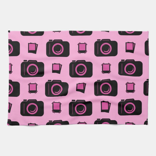 Cute Retro Style Pink Black Camera Pattern Kitchen Towel (Horizontal)