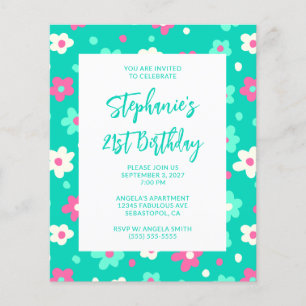 Cute Retro Teal Floral Bold 21st Birthday Flyer