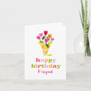 Cute Retro Tulips Floral Personalized Birthday Card