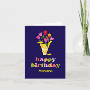 Cute Retro Tulips Floral Personalized Birthday Card