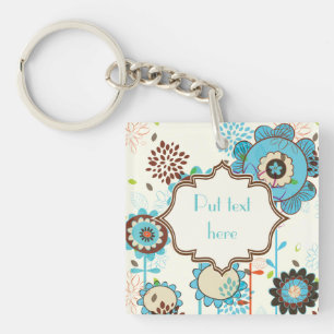 Cute retro turquoise blue floral pattern custom keychain