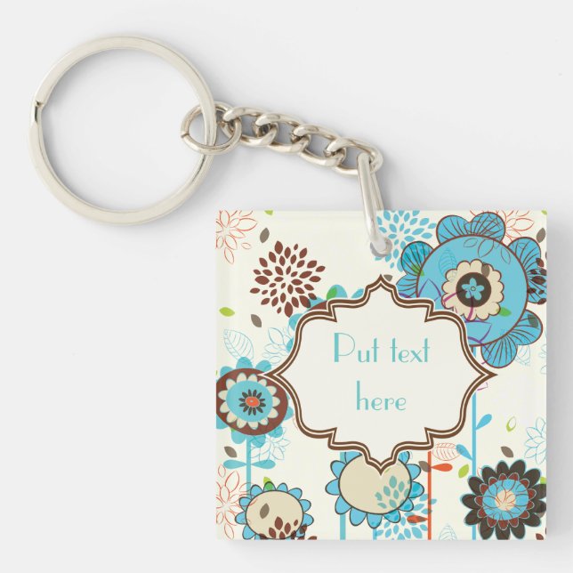 Cute retro turquoise blue floral pattern custom keychain (Front)