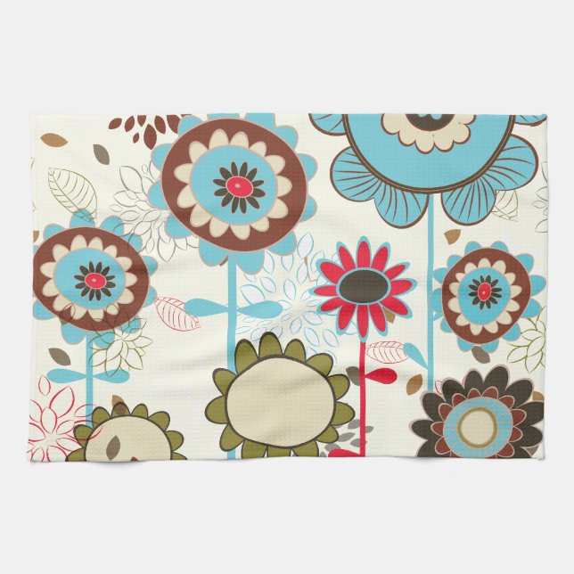 Cute retro turquoise blue floral pattern custom kitchen towel (Horizontal)