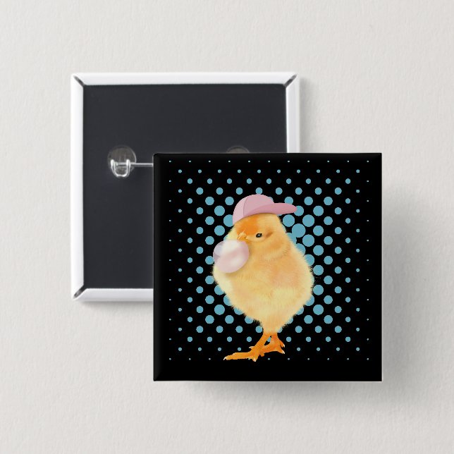 Cute Retro Vibes Chick Blowing Bubblegum Black 2 Inch Square Button (Front & Back)