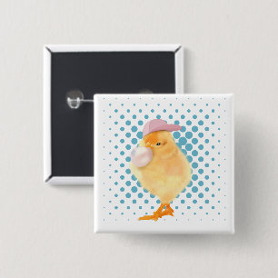 Cute Retro Vibes Chick Blowing Bubblegum White 2 Inch Square Button