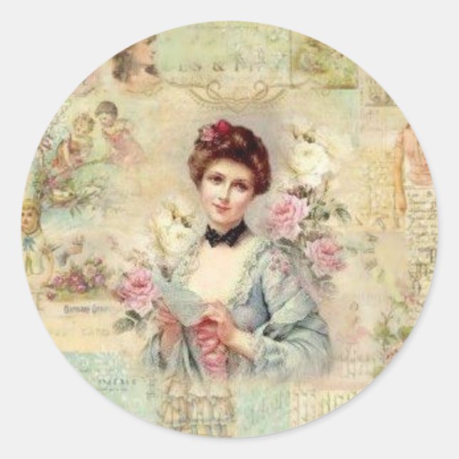 Cute Retro Victorian Woman With Roses Classic Round Sticker (Front)