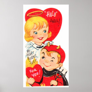 Cute retro vintage Angel devil Valentine poster