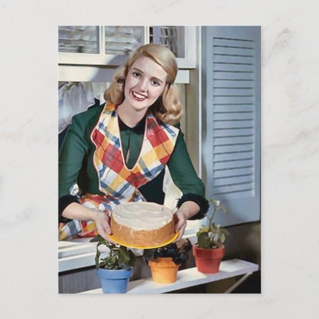 Cute retro vintage baking lady holiday postcard (Front)