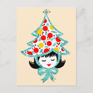 Cute Retro Vintage Christmas Girl with Tree Hat Holiday Postcard
