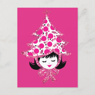 Cute Retro Vintage Christmas Girl with Tree Hat Holiday Postcard