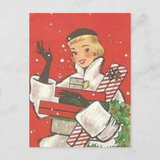 Cute retro vintage Christmas Holiday shopping lady Postcard