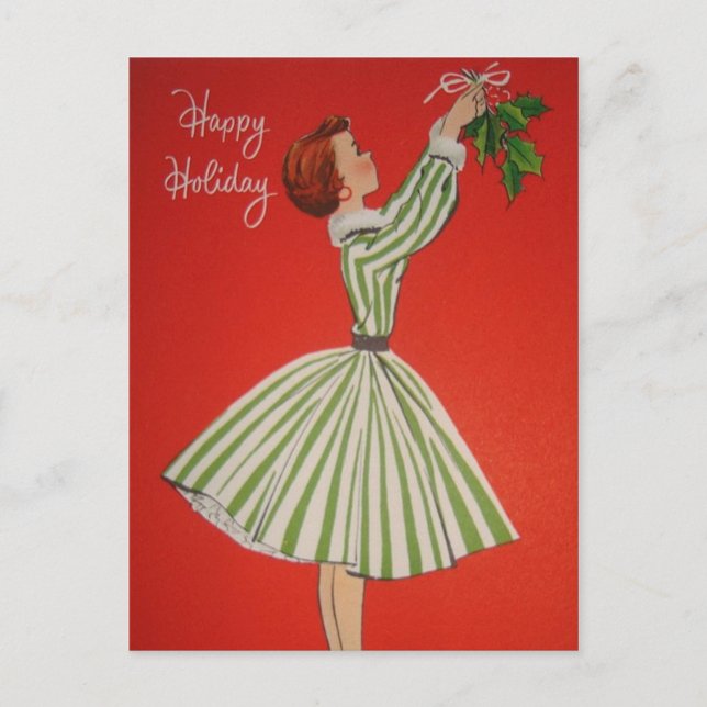Cute retro vintage Christmas lady Holiday Postcard (Front)