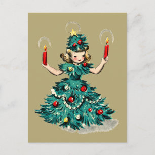 Cute Retro Vintage Christmas Tree Girl  Holiday Postcard