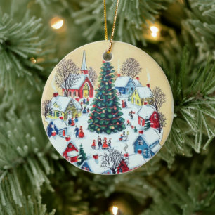 Cute Retro Vintage Christmas Village Ceramic Ornament