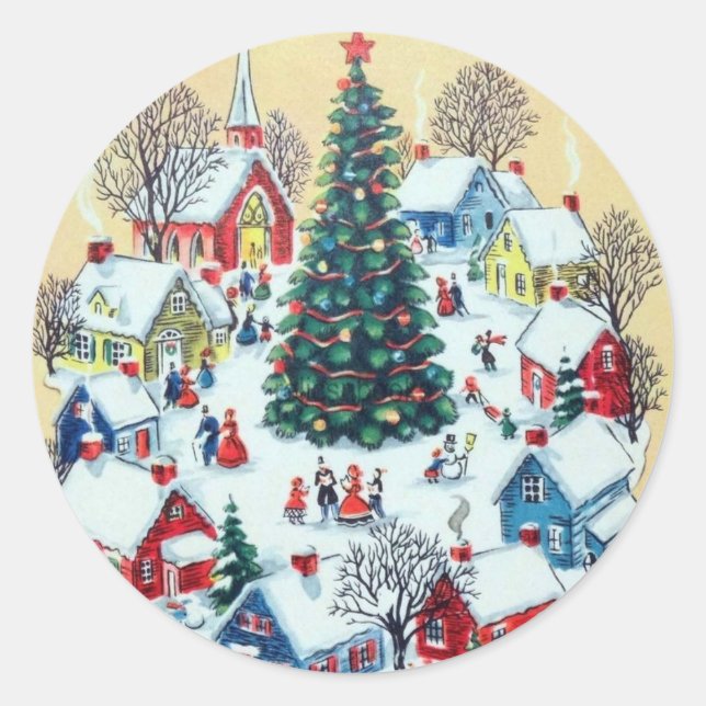Cute Retro Vintage Christmas Village Classic Round Sticker (Front)