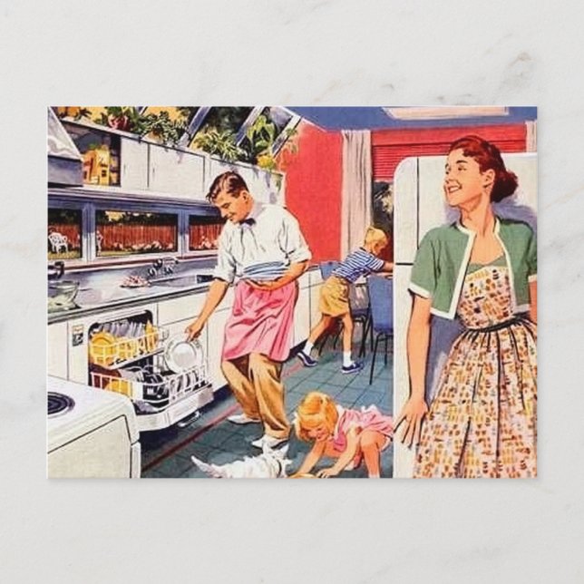 Cute retro vintage cleaning Family postcard (Front)