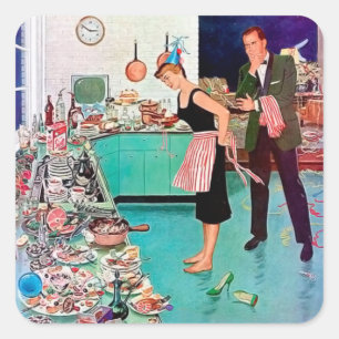 Cute retro vintage cleaning lady square sticker
