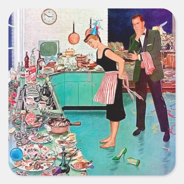 Cute retro vintage cleaning lady square sticker (Front)