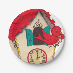 Cute retro vintage cuckoo clock party paper plate