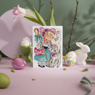 Cute retro vintage Easter girl add message Holiday Card