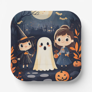 Cute Retro Vintage Halloween Kids Ghost Pumpkin  Paper Plate
