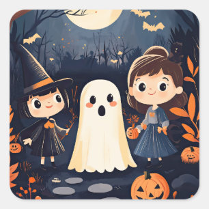 Cute Retro Vintage Halloween Kids Ghost Pumpkin Square Sticker
