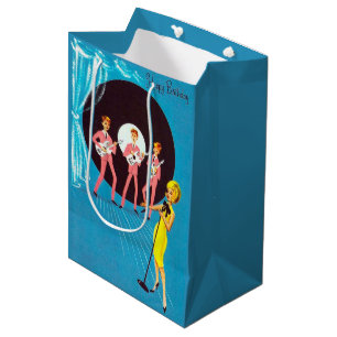 Cute retro vintage Happy birthday singing lady Medium Gift Bag