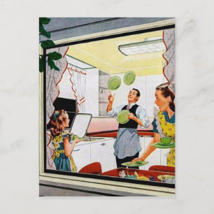 Cute retro vintage kitchen Family postcard