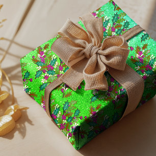Cute retro vintage leaves holidays green pink wrapping paper