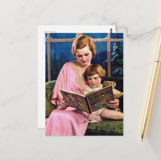 cute retro vintage reading lady postcard (Front/Back In Situ)