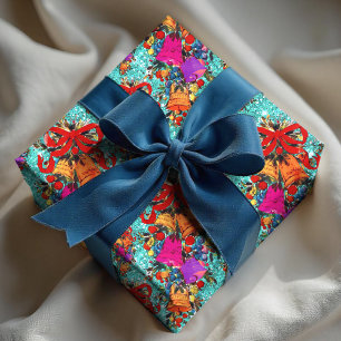 Cute retro vintage red bow holidays aqua wrapping paper