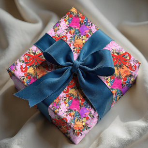 Cute retro vintage red bow holidays pink wrapping paper