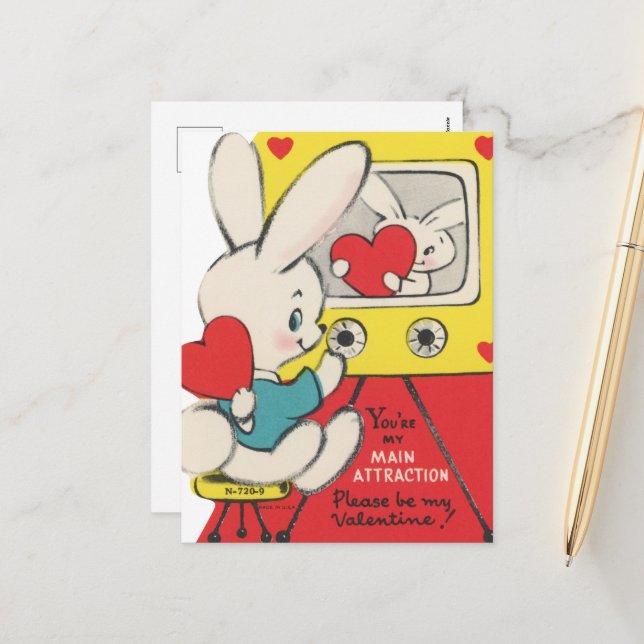 Cute retro vintage Valentine bunny Holiday Postcard (Front/Back In Situ)
