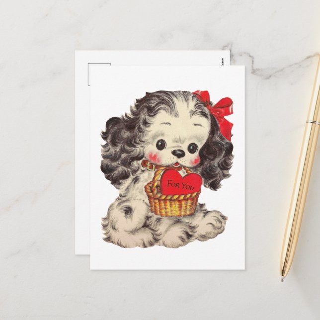 cute retro vintage Valentine's Day puppy  Holiday Postcard (Front/Back In Situ)