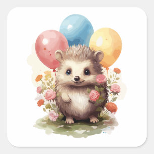 Cute Retro Watercolor Hedgehog with Balloons Square Sticker