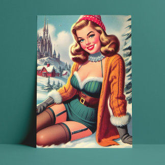 Cute Retro Winter Pin-up Postcard