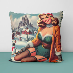 Cute Retro Winter Pin-up Throw Pillow