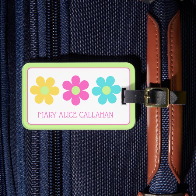 Cute Retro Yellow Pink Blue Daisies Luggage Tag (Front Insitu 4)