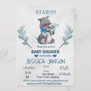 CUTE RHINO BOY BABY SHOWER INVITATION