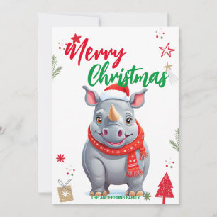Cute rhino Christmas tree Holiday Personalize name Card